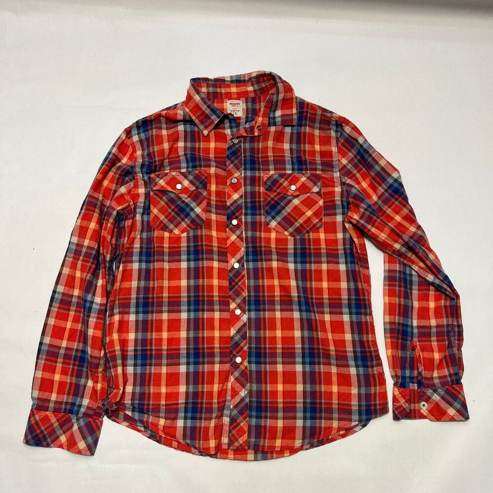 Mossimo Long Sleeve Cowboy/Wester Button Flannel Shirt Orange/Blue/Yellow Medium
